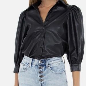 Pistola Adina Puff Sleeve Top Faux Leather Black X-Small New With Tags